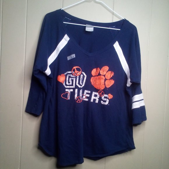 Soffe Clemson Tigers Shirt Women XL Peace Signs Hearts Blue Orange - Picture 1 of 14